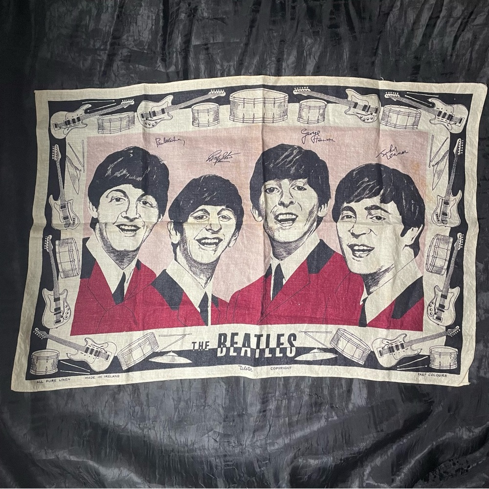 Vintage Beatles Linen tea towel Mid Century Mod 60s wall hanging fiber print